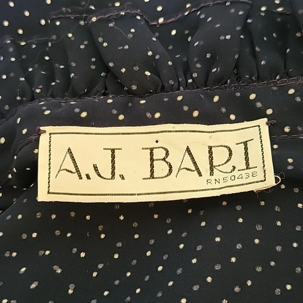 VTG AJ BARI Navy Pin Dot Chiffon Blouson Ruffle Bow Tie Castlecore Shirt Dress - Picture 9 of 10